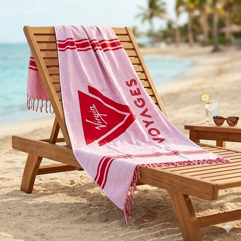 Virgin Voyages Pink Red 100% Cotton Tasseled Fringe Beach Towel LARGE 40" x 70"